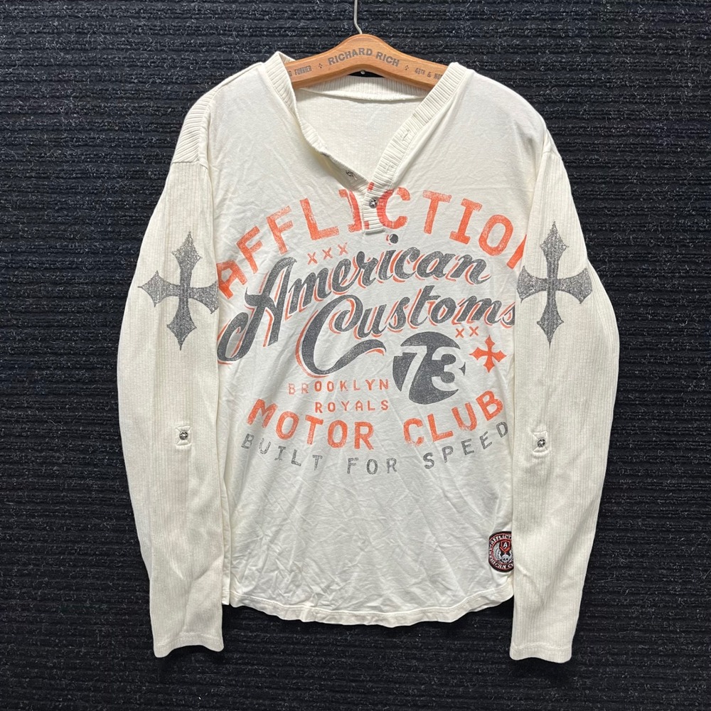 Affliction American Customs Motor Club Henley Shirt Mens Medium Long Sleeve